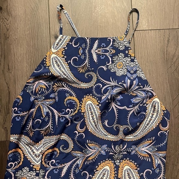 Yumi Kim Navy Paisley Printed Midi Silk‎ Slip Afternoon Tea Dress - Picture 5 of 8